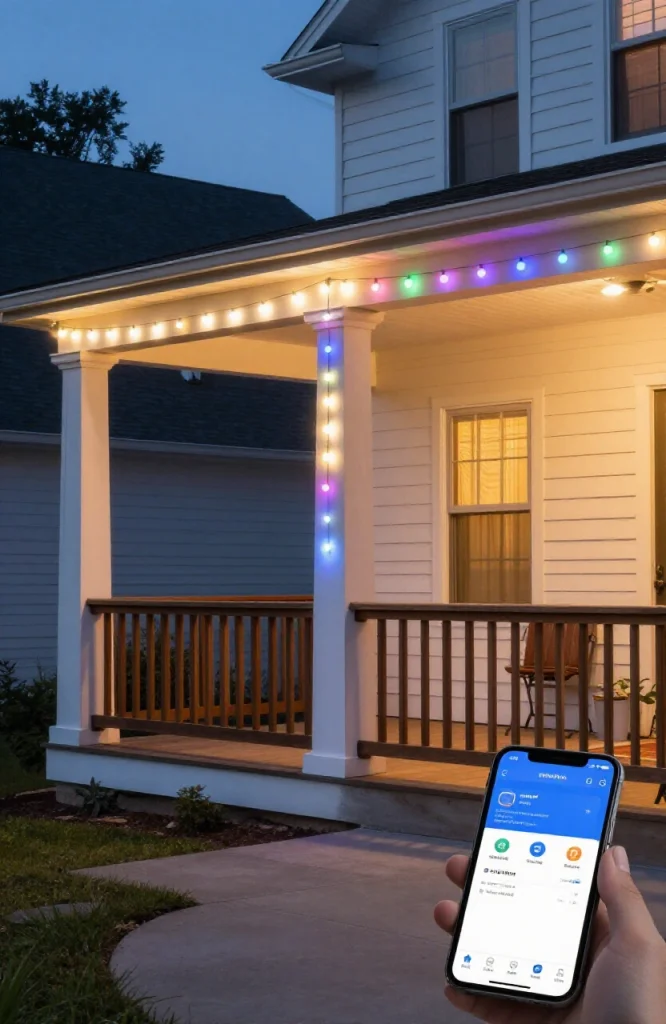 Modern outdoor home decorated with color-changing smart LED Christmas lights creating dynamic multicolor display