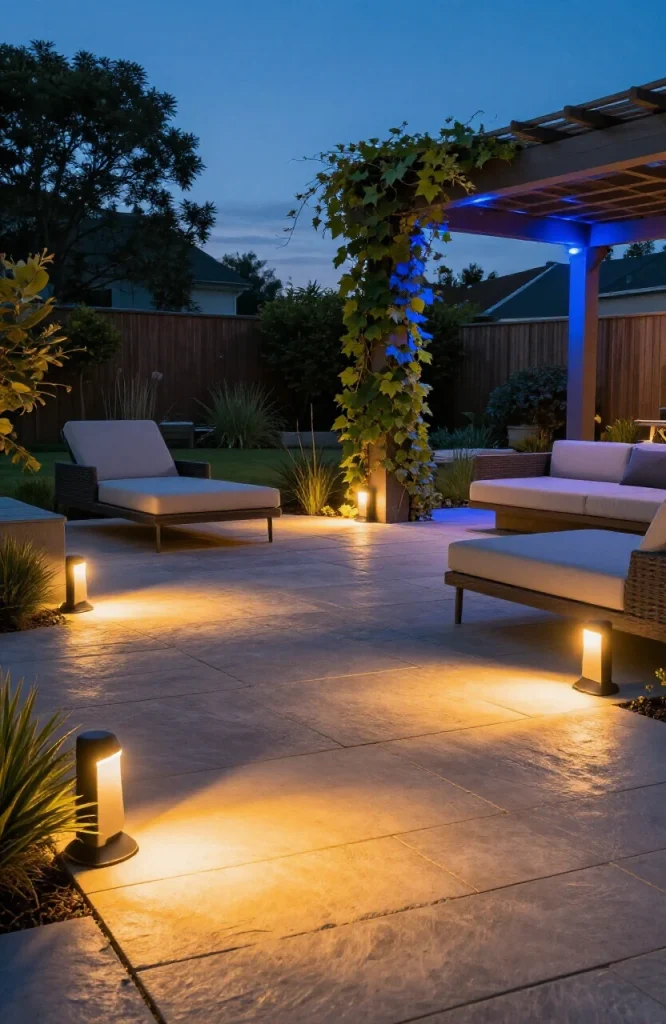 Garden pathway illuminated with color-changing smart lights displaying warm white glow among landscaping plants