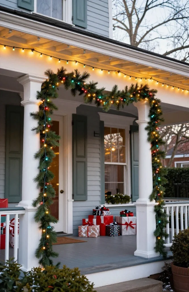 Outdoor house decorated with colorful red, blue, green and warm white Christmas lights strung along roofline and bushes