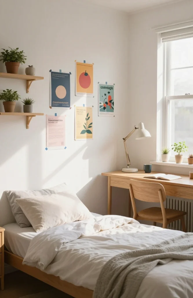 Command strips holding framed photos and string lights on dorm room wall without nail holes