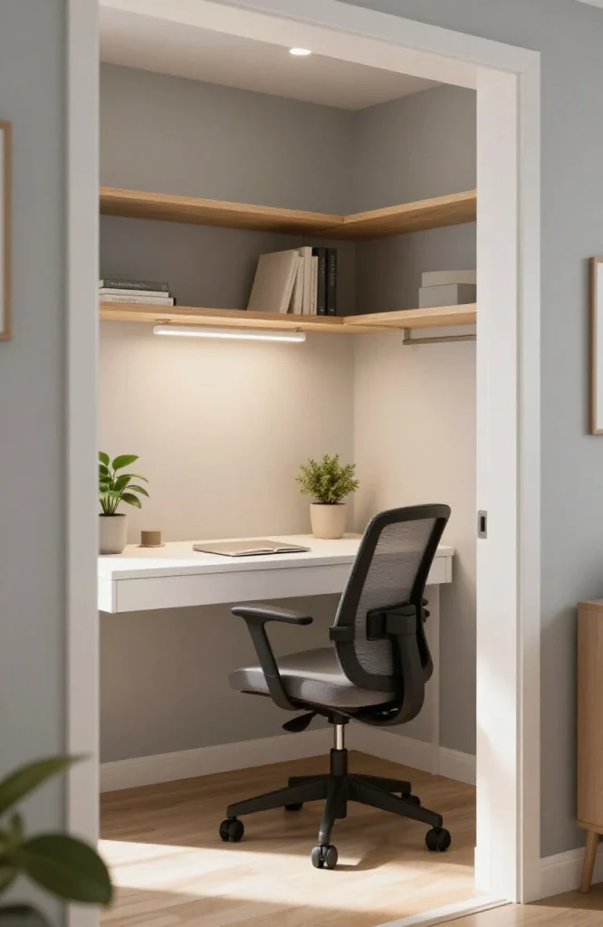 Small home office desk and shelving installed inside bedroom closet without drilling or wall damage