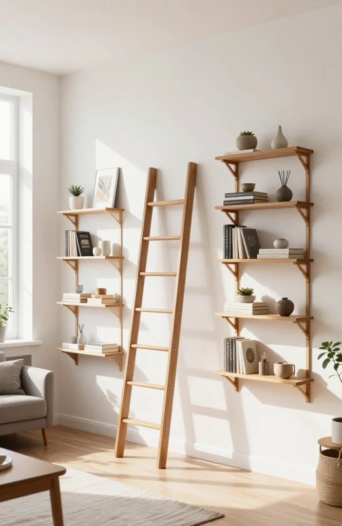 Different shelving types displayed side by side including floating shelves, ladder shelves, corner shelves and wall-mounted o