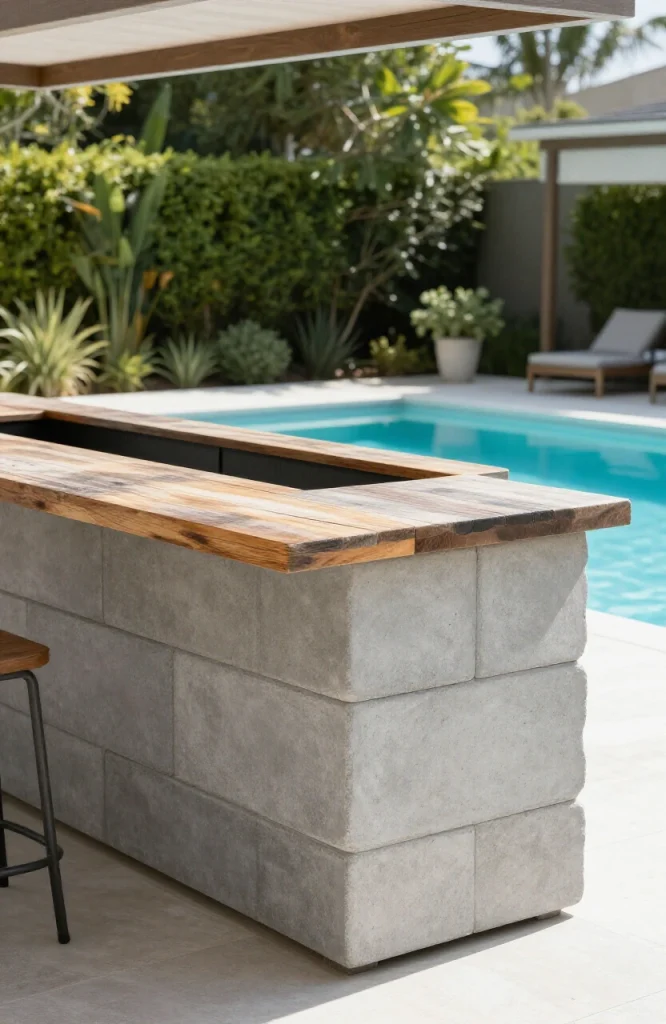 DIY poolside bar made from stacked concrete blocks with shelving and counter space for outdoor entertaining