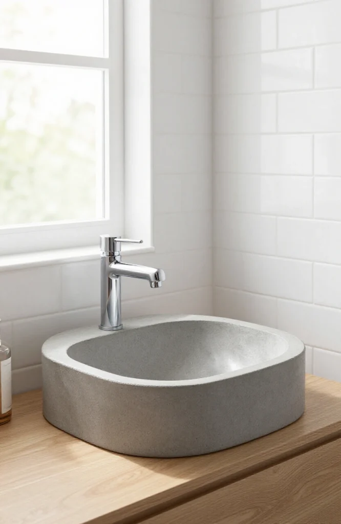 Modern concrete corner sink with minimalist fixtures installed in contemporary kitchen or bathroom space