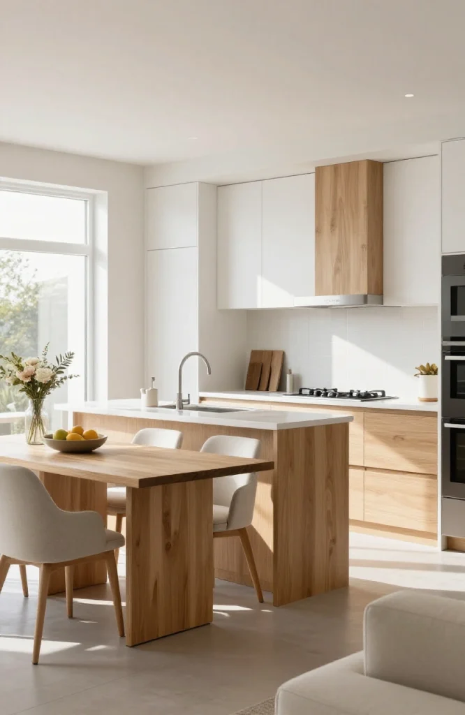 Open floor plan living space showing matching cabinet and furniture heights for visual continuity and cohesive room design