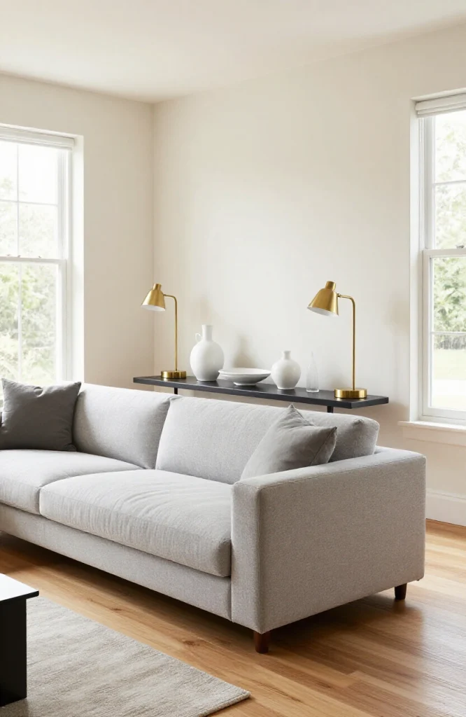 Modern console table positioned behind a gray sofa in an open floor plan living room with neutral decor
