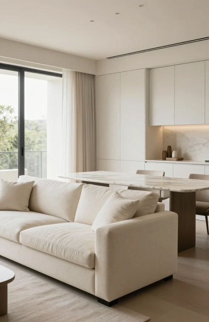 Open floor plan living space with mixed textures including wood, fabric, and metal elements creating visual interest without