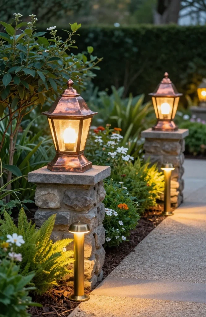 Outdoor garden lighting fixtures with copper and brass finishes showing warm patina texture and glow