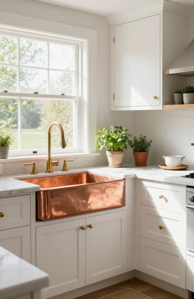 Copper corner kitchen sink installed in modern kitchen cabinet with stainless steel faucet and marble countertop