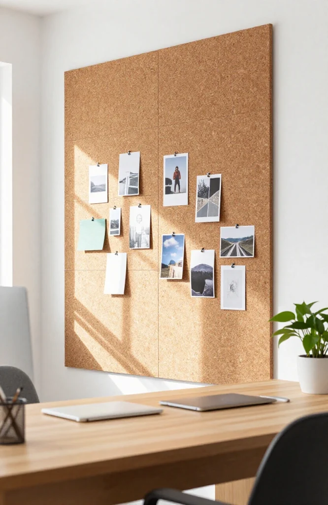 Cork tiles and cork board panels arranged on wall as decorative wall covering alternative to paint