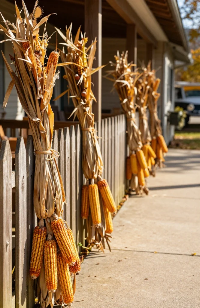 Dried corn stalk bundles wrapped and tied to wooden fence posts along a garden walkway for Halloween decoration