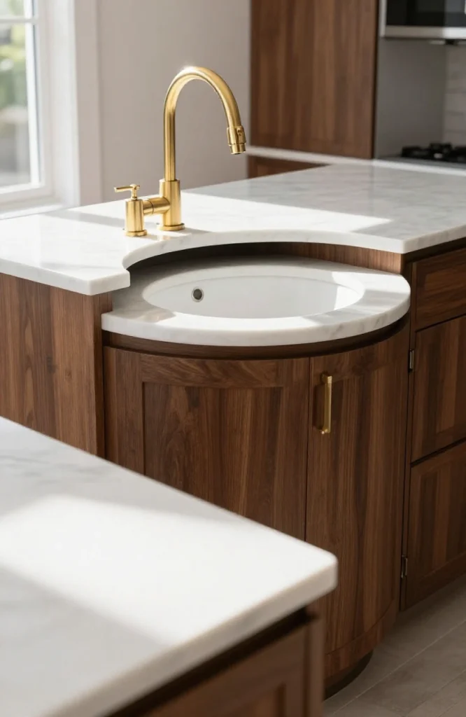 Modern corner bar sink with stainless steel fixture installed in kitchen corner space