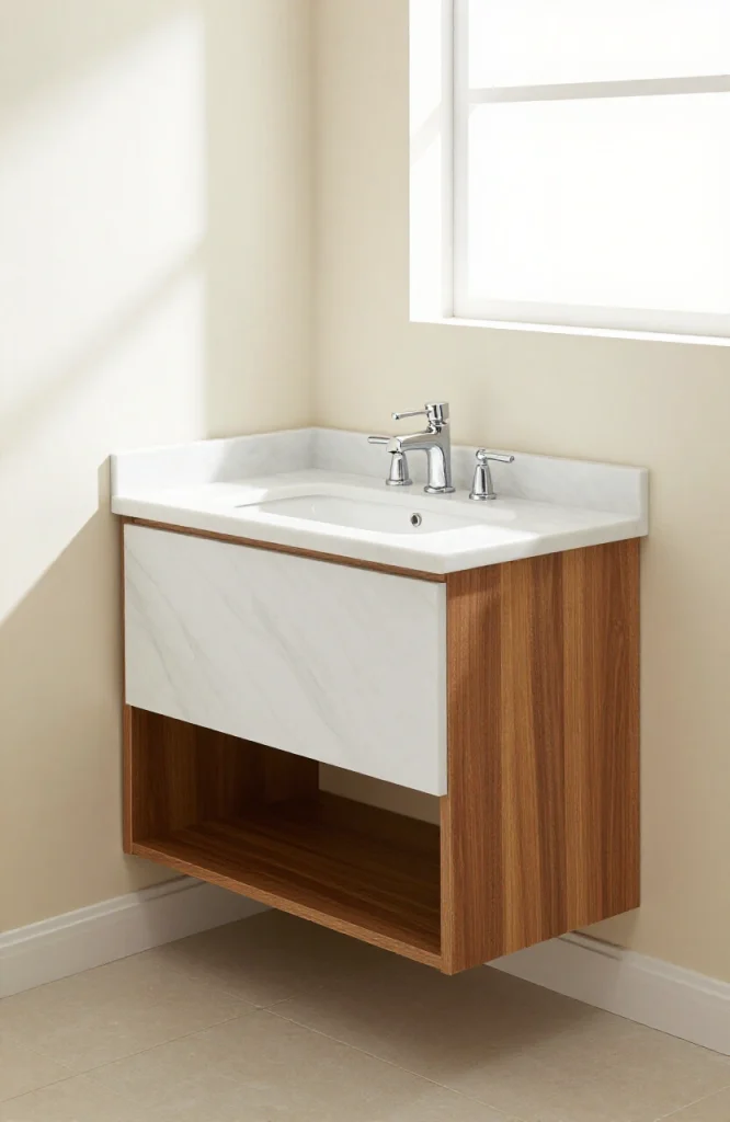 White corner bathroom sink installed above wooden storage cabinet with two doors in modern bathroom