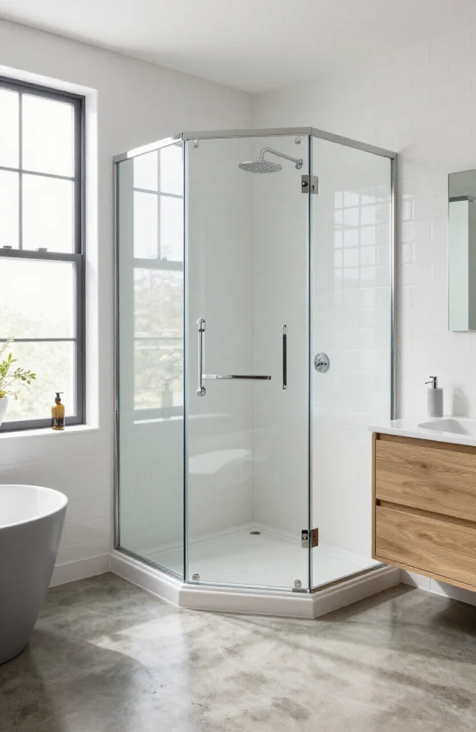 Modern bathroom with corner entry steam shower featuring glass enclosure and open floor plan layout