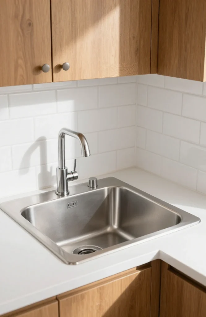 Corner kitchen sink with built-in soap dispenser mounted on countertop near sink edge