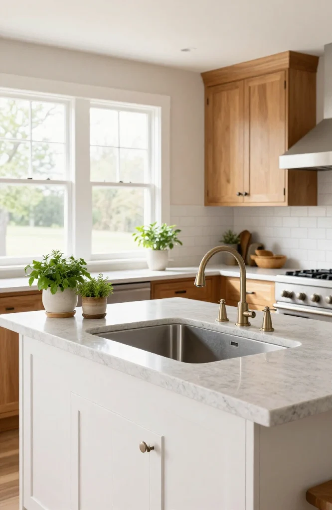 Corner prep sink installed in a kitchen island with stainless steel basin and surrounding counter workspace