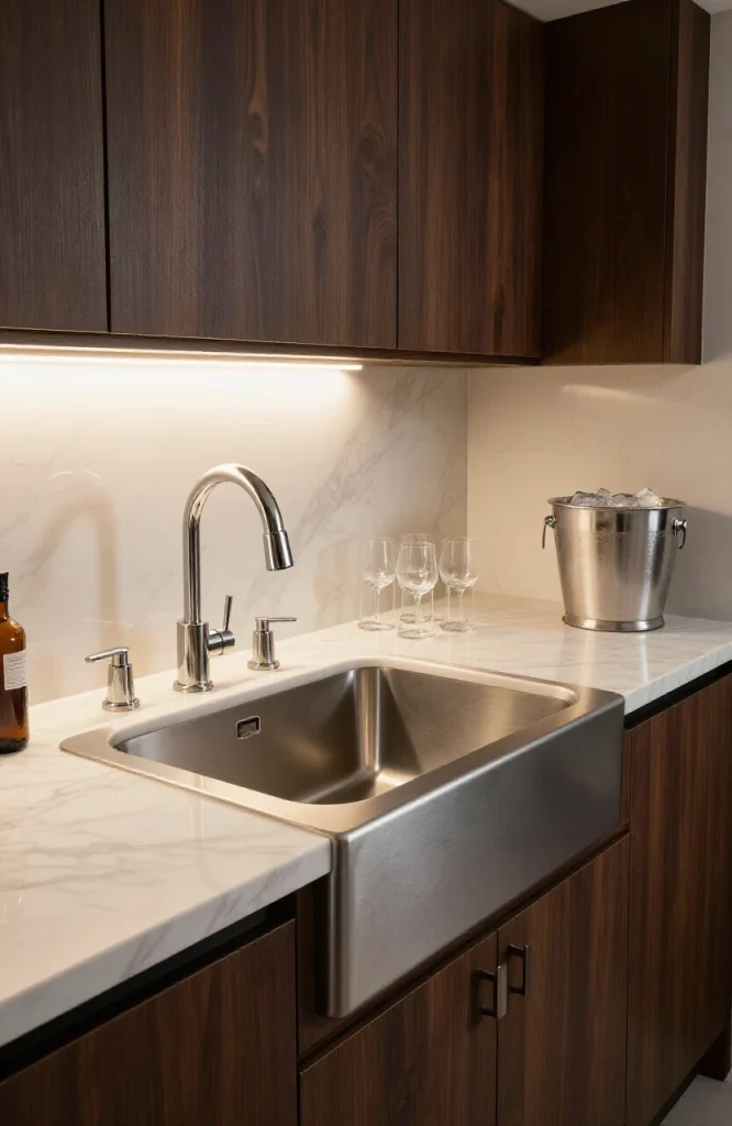 Corner sink installed in basement wet bar with white cabinetry and dark countertop