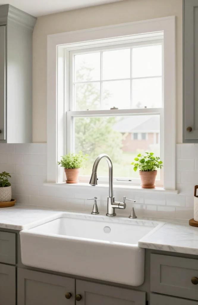 Corner kitchen sink positioned below a window with natural light, white cabinetry, and stainless steel fixtures