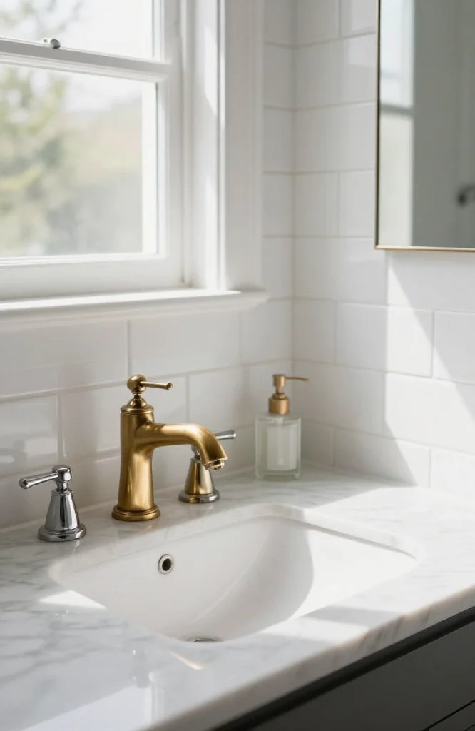 Corner kitchen sink with brass faucet and fixtures installed in white cabinetry