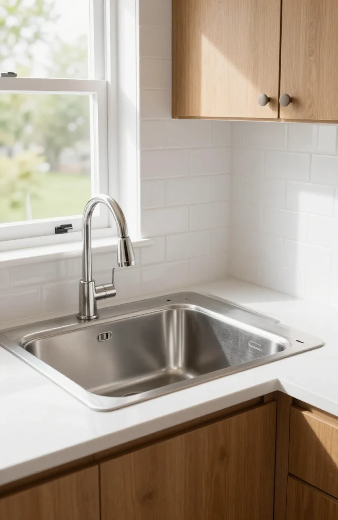 Corner kitchen sink featuring integrated stainless steel draining board for improved workflow and space efficiency