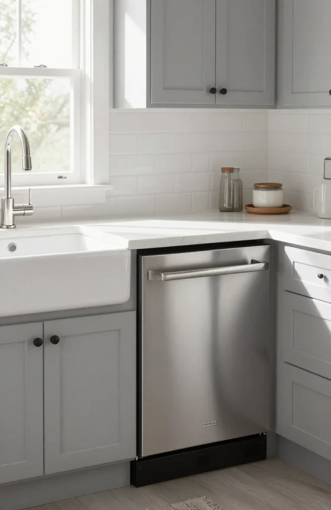 Corner kitchen sink paired with a compact dishwasher for efficient space-saving storage and workflow