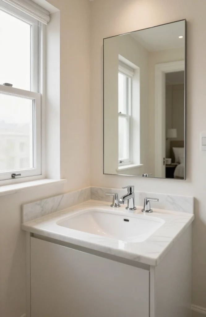 Modern corner sink installation in a bright en suite bathroom with white cabinetry and marble countertop