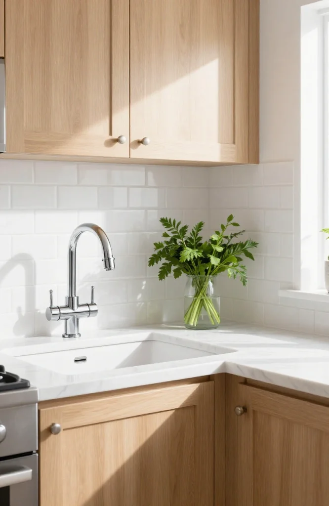 Corner sink installation featuring integrated filtered water tap for kitchen or bathroom