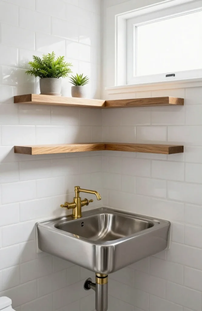 Modern corner sink installed beneath minimalist floating shelves for kitchen or bathroom storage