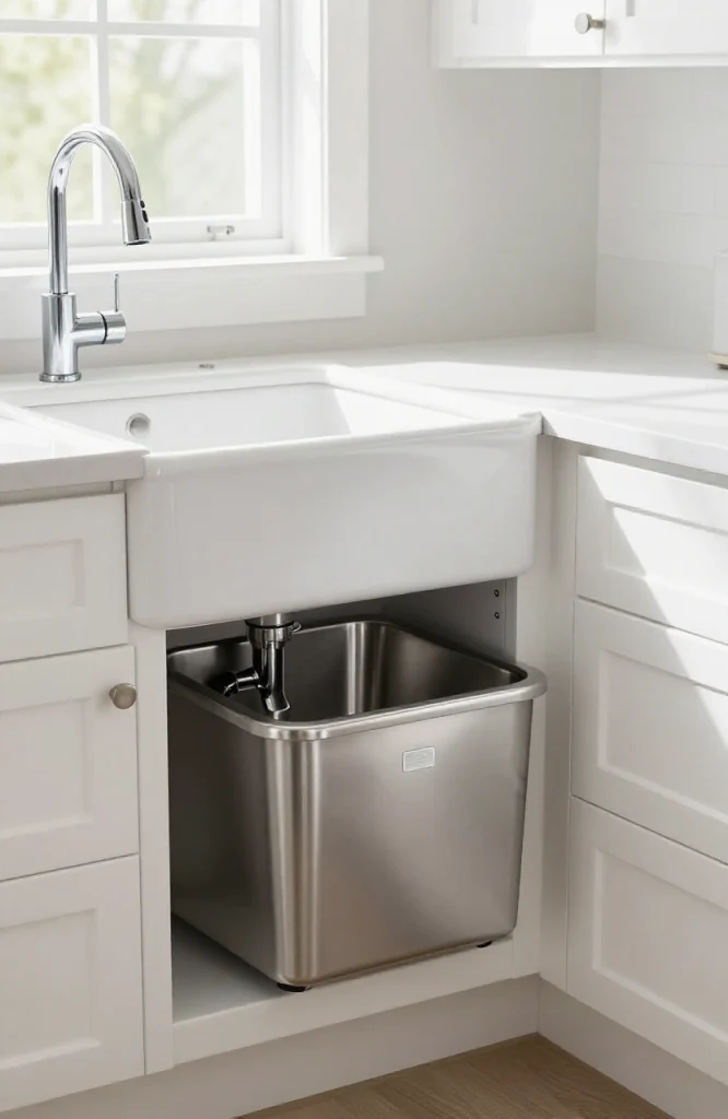 Corner kitchen sink with integrated garbage disposal unit and stainless steel finish