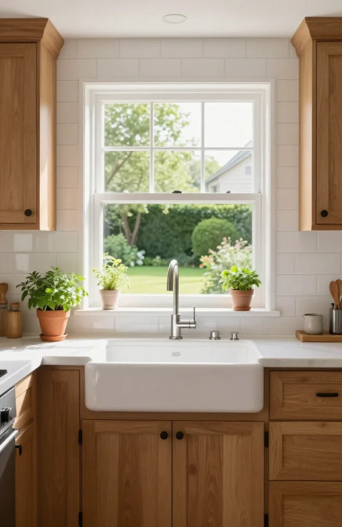 Corner kitchen sink positioned beneath window overlooking garden landscape with natural light
