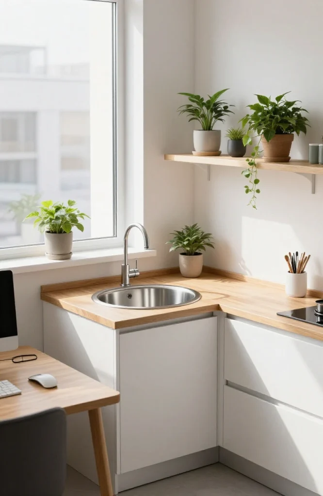 Compact corner sink installed in a home office kitchenette with white cabinetry and minimal countertop space