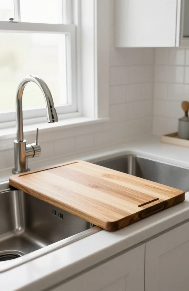 Corner sink with built-in cutting board surface for kitchen food prep and washing