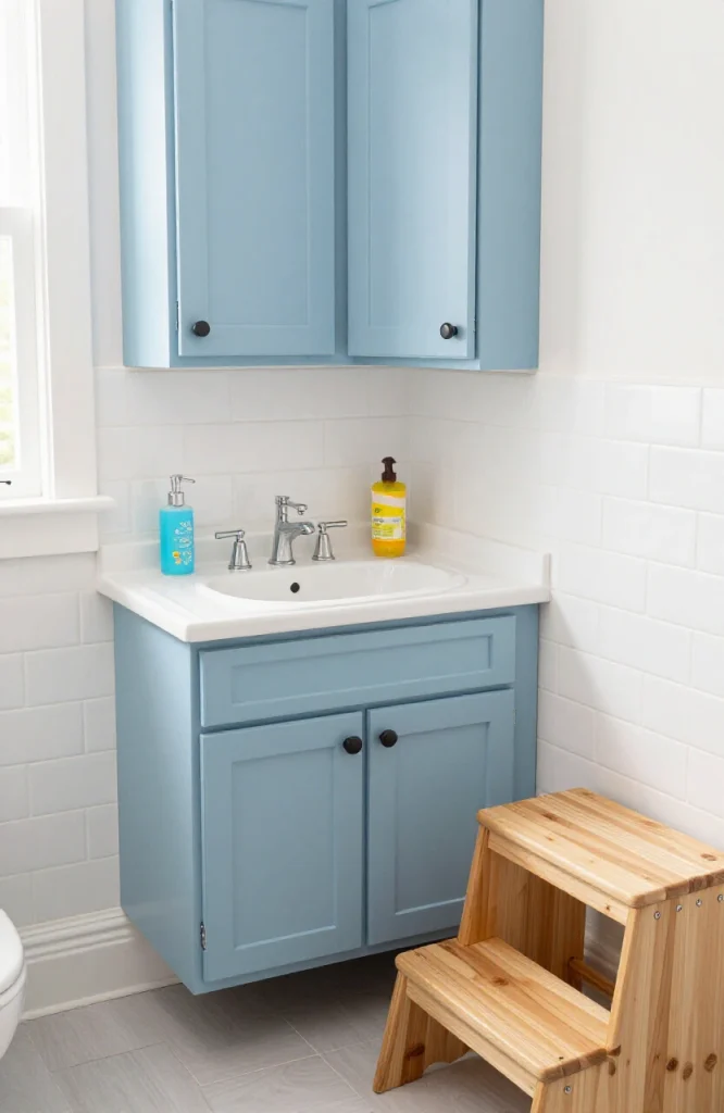 Compact corner sink installation in a bright kids bathroom with colorful storage and child-friendly fixtures