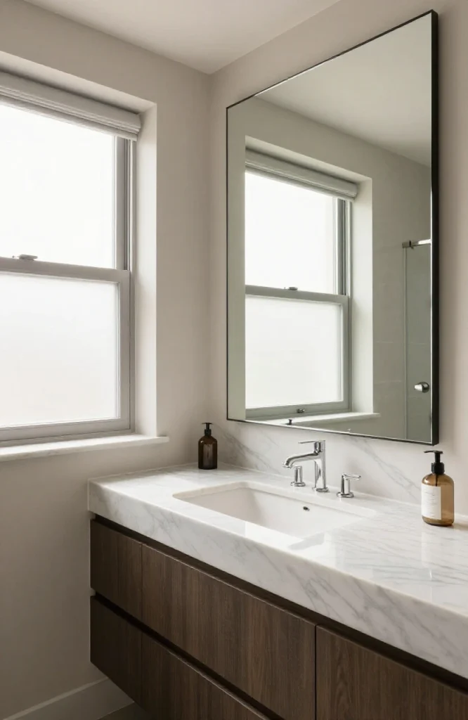 Modern corner sink installation in a spacious master bathroom with white cabinetry and marble countertop