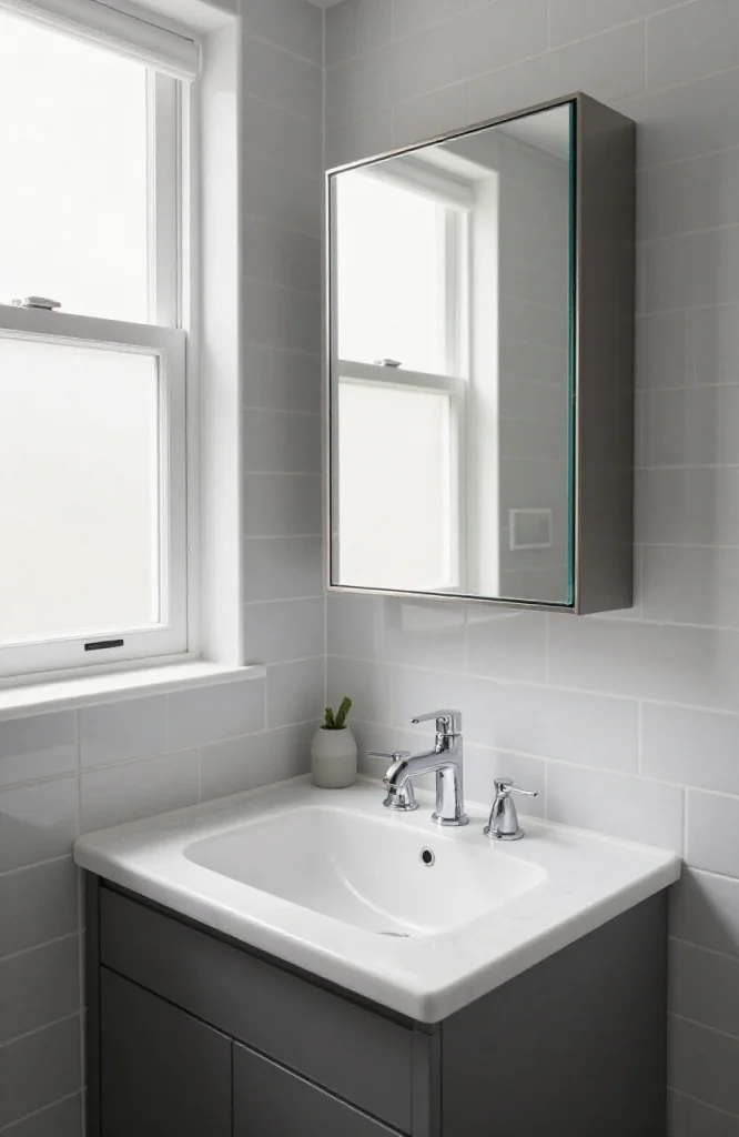 Corner sink installation with mirrored cabinet mounted above for storage and bathroom lighting reflection