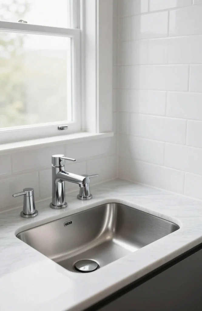 Corner sink installation featuring modern motion sensor faucet with stainless steel finish and white basin