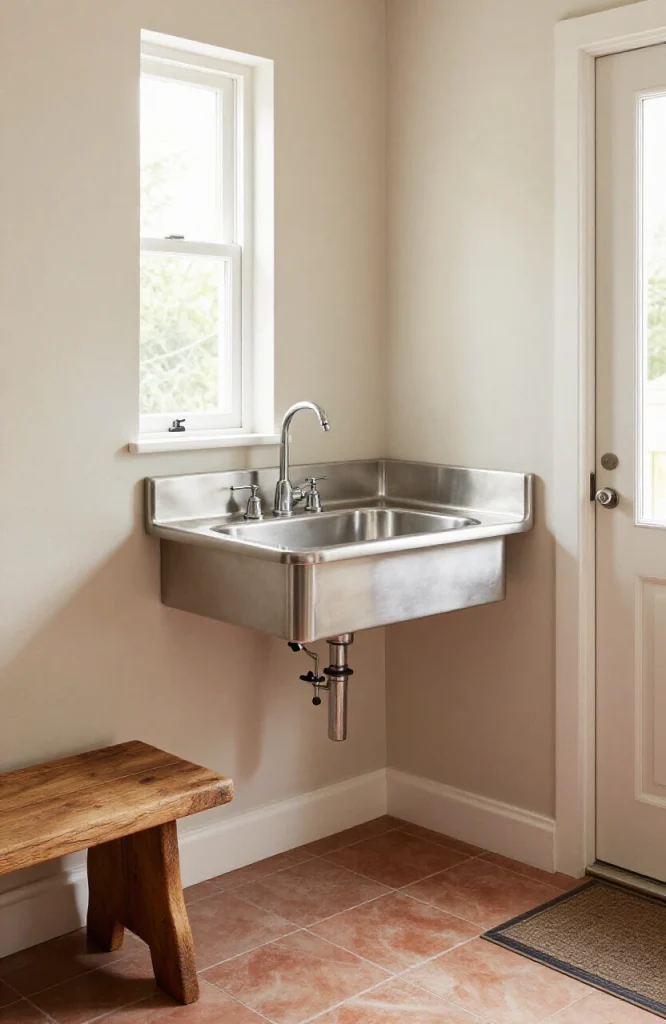 Corner sink installation in mudroom with storage cabinetry and faucet for hand washing and boot cleaning