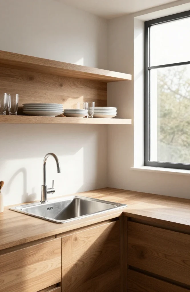 Corner sink installation paired with open wooden shelving units mounted on white walls for kitchen or bathroom storage