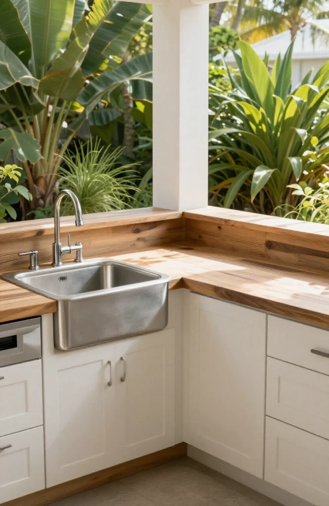 Stainless steel corner sink installed in outdoor kitchen with granite countertop and natural stone backsplash