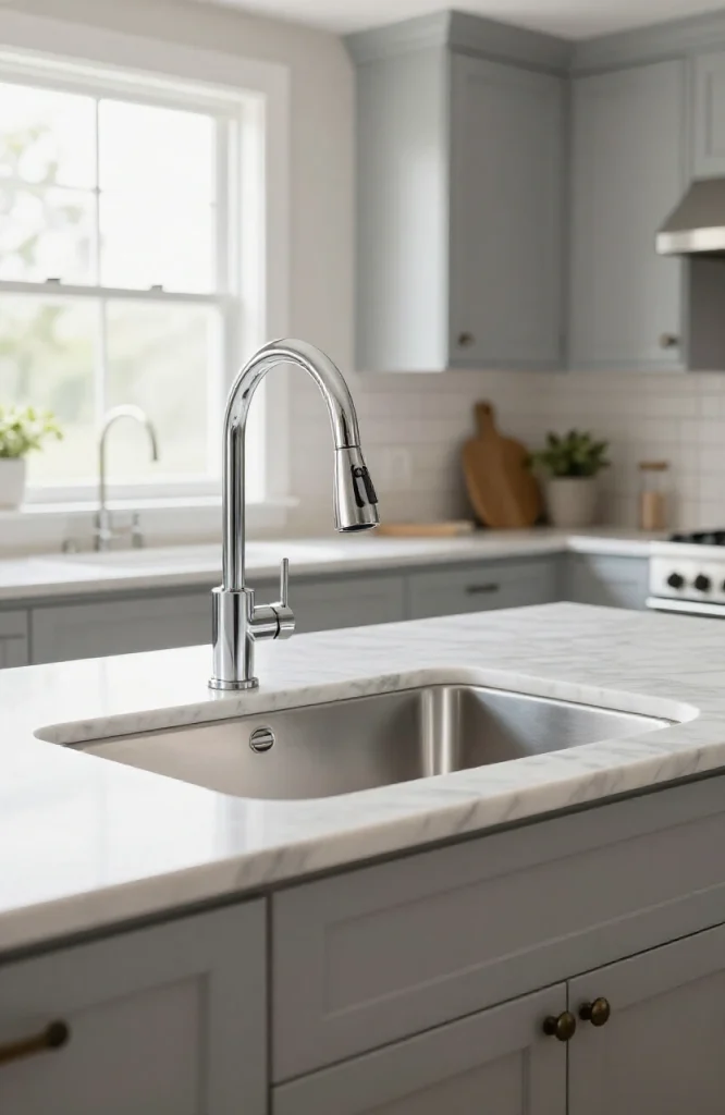 Corner sink installation featuring pull-down spray faucet with modern fixtures and stainless steel finish