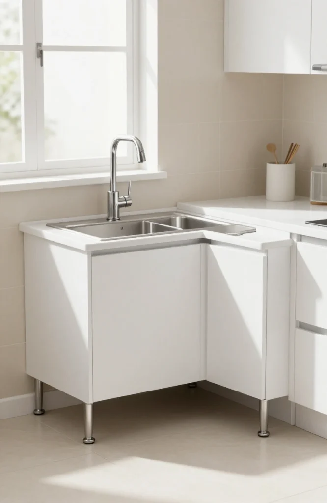 Corner sink installation in rental apartment with modern fixtures and neutral tile backsplash