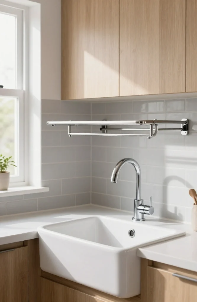 Corner sink with integrated retractable drying rack for space-saving kitchen or bathroom storage