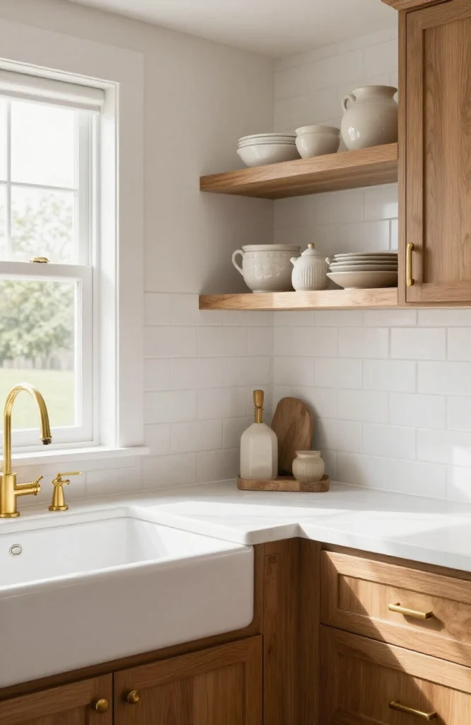 Corner sink installed in bathroom featuring white cabinetry and modern fixtures as a functional design element
