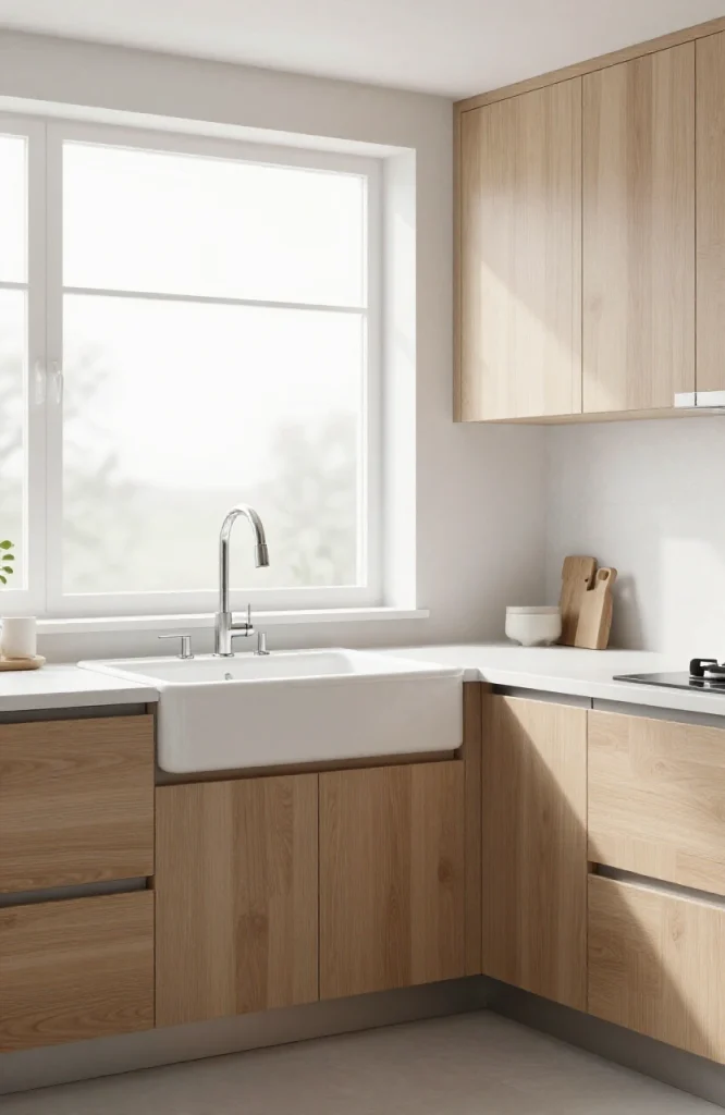 Minimalist corner sink installation in a Scandinavian kitchen with light wood cabinetry and white subway tile backsplash