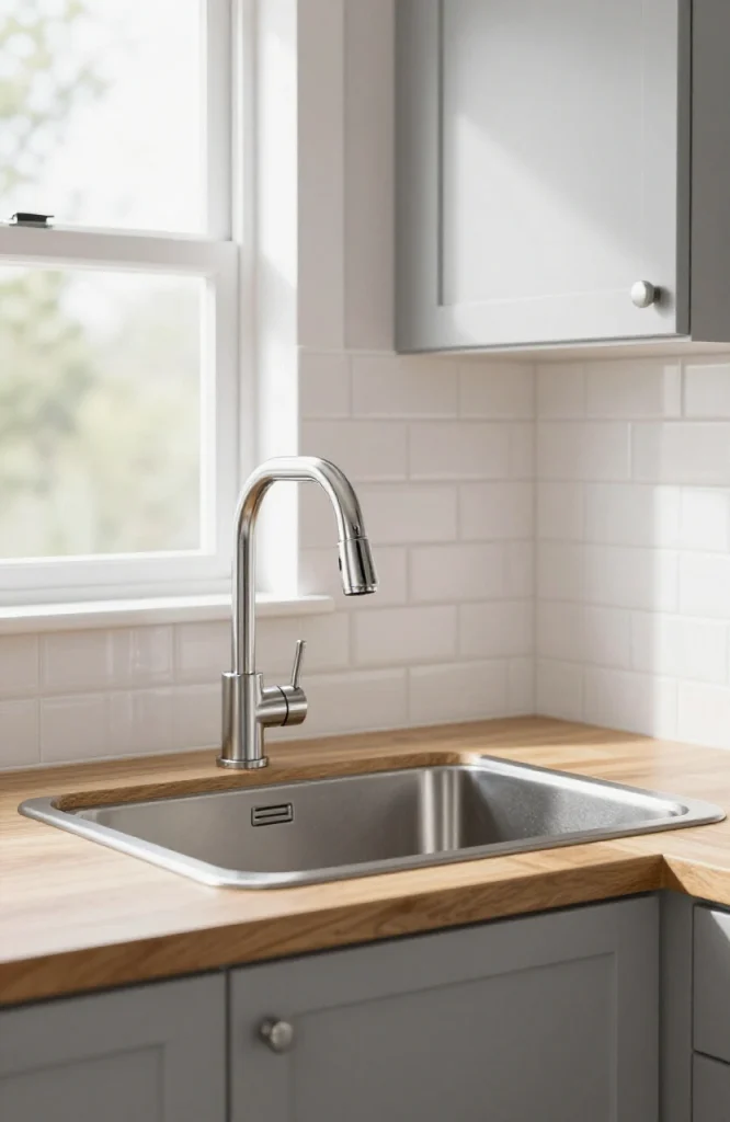 Corner sink installation with single lever chrome mixer tap and white porcelain basin in modern kitchen