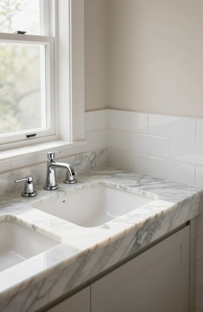 Corner sink installation with natural stone countertop in kitchen or bathroom