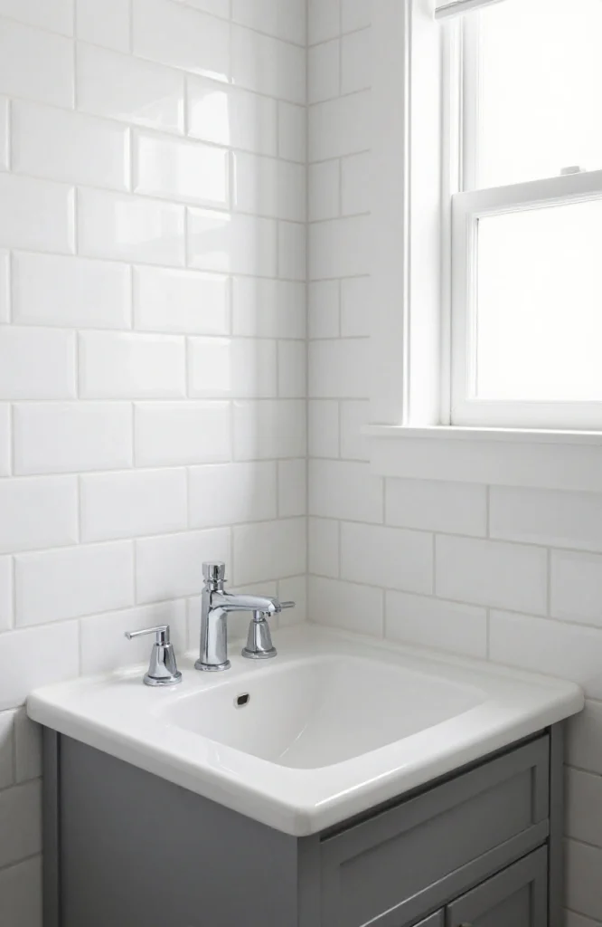 Modern corner sink with decorative tile surround and stainless steel fixtures in kitchen bathroom
