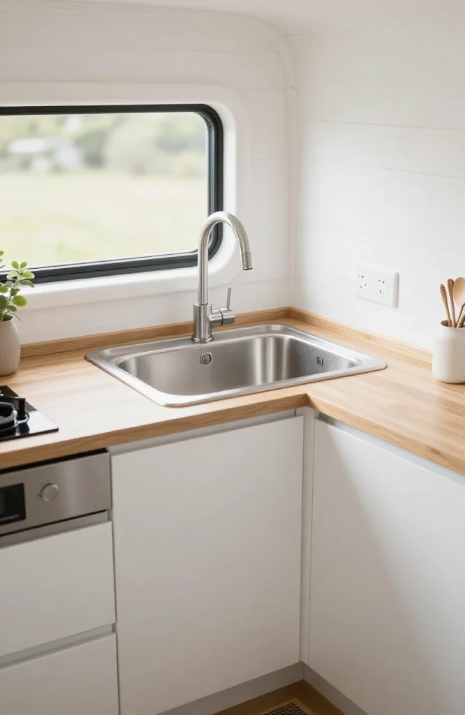 Compact corner sink installation in a small kitchen with white cabinetry and stainless steel fixtures maximizing limited spac