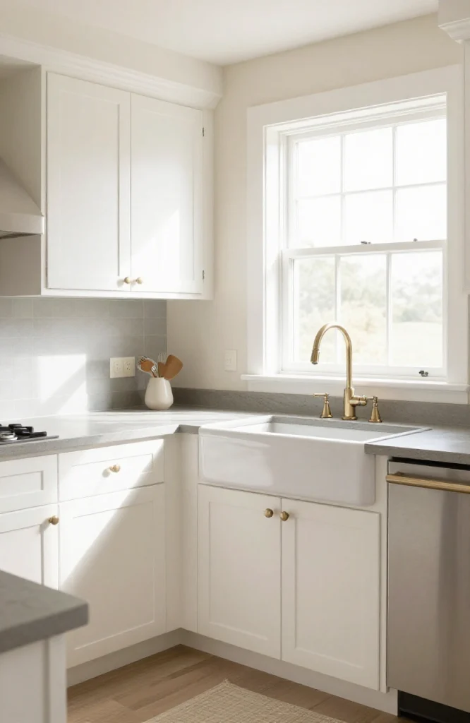 Modern transitional kitchen featuring a corner sink with chrome faucet, white cabinetry, and marble countertop