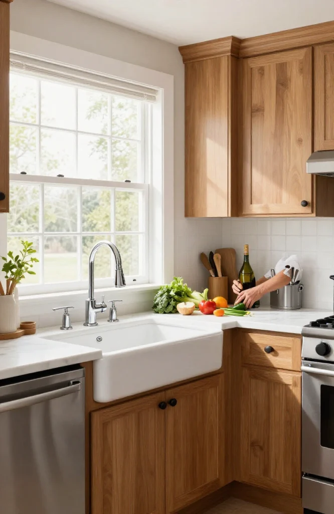 Modern corner sink installation featuring dual faucets mounted on white tile wall in contemporary kitchen design